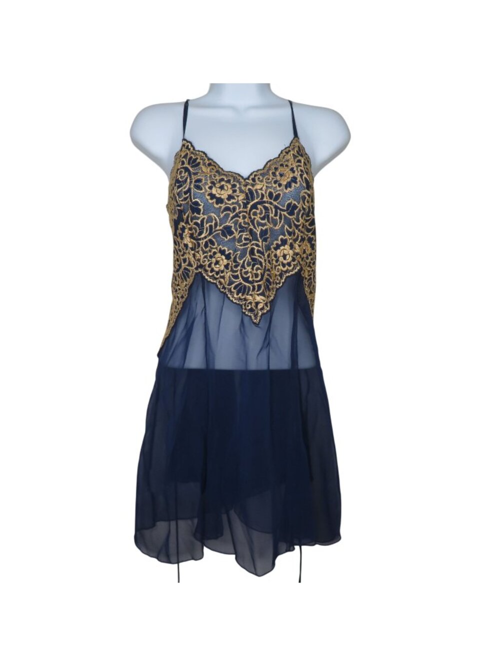 Especially Yours Navy Gold Sheer Lace Overlay Nightgown USA Made Adjustable Stra